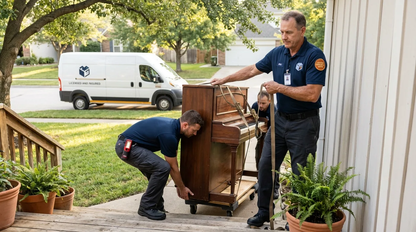 Licensed piano movers securing grand piano in Orocovis, PR