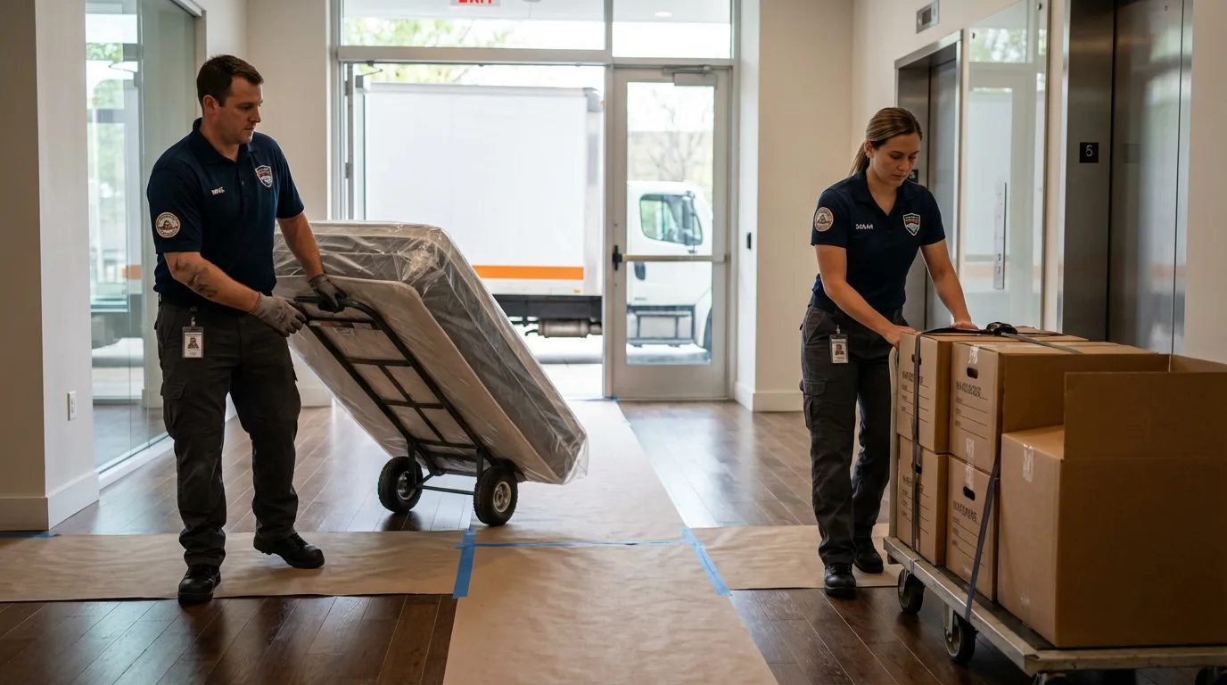 Professional apartment movers loading elevator in Orocovis, PR