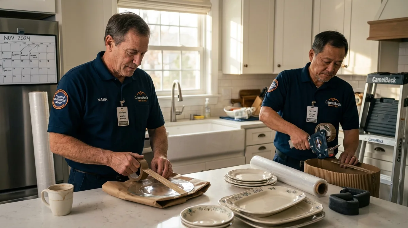 Professional crew packing kitchen dishware in Orocovis, PR